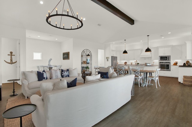 living room with dark wood-style flooring, beamed ceiling, high vaulted ceiling, and recessed lighting