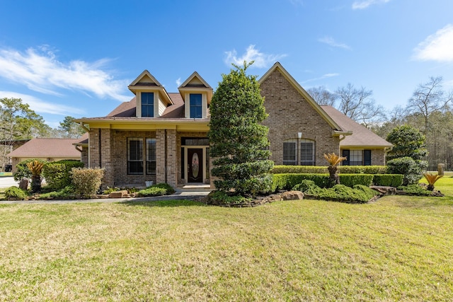 view of front of home with brick siding and a front lawn