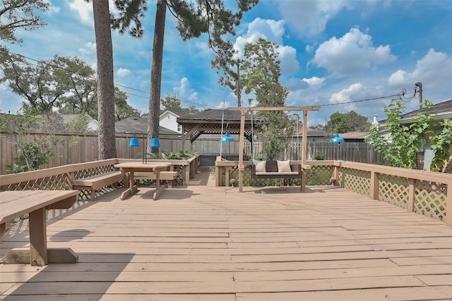 wooden deck featuring a fenced backyard