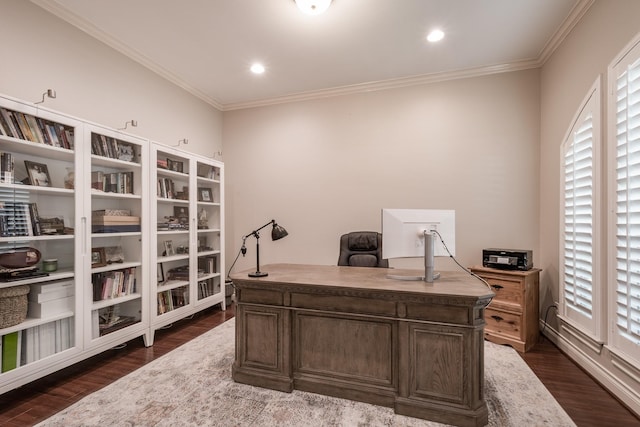 office area with ornamental molding, recessed lighting, and dark wood finished floors