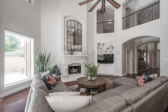 living area featuring a healthy amount of sunlight, a fireplace, wood finished floors, and built in features