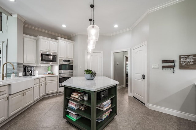 kitchen with open shelves, decorative backsplash, appliances with stainless steel finishes, white cabinetry, and a sink