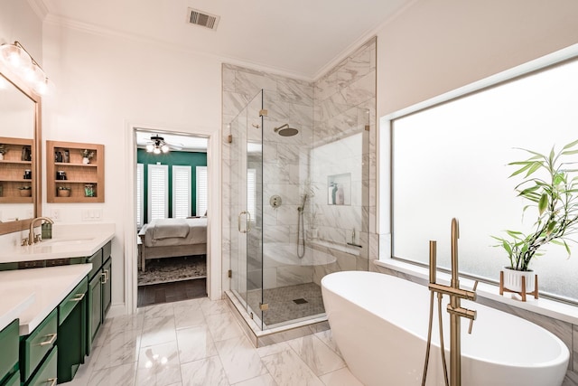 ensuite bathroom featuring marble finish floor, visible vents, crown molding, and a shower stall