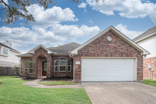 ranch-style house with concrete driveway, brick siding, fence, and a front lawn