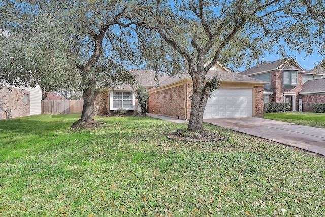 view of front of house featuring concrete driveway, an attached garage, fence, a front lawn, and brick siding