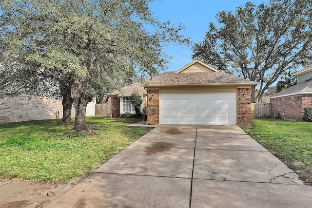 ranch-style house featuring concrete driveway, brick siding, a front lawn, and fence