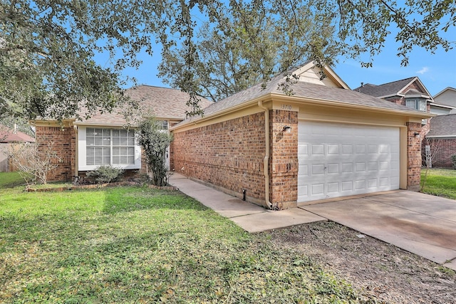 view of front of property with a garage, brick siding, concrete driveway, roof with shingles, and a front lawn