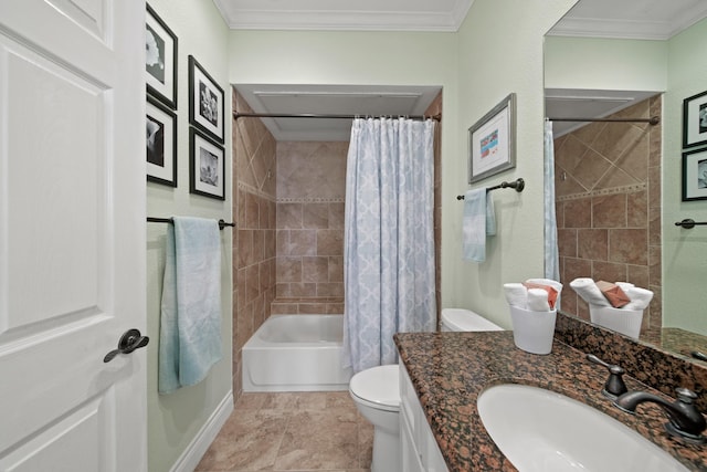 bathroom with ornamental molding, shower / tub combo with curtain, vanity, and toilet