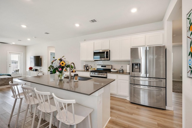 kitchen with stainless steel appliances, a sink, visible vents, white cabinets, and tasteful backsplash