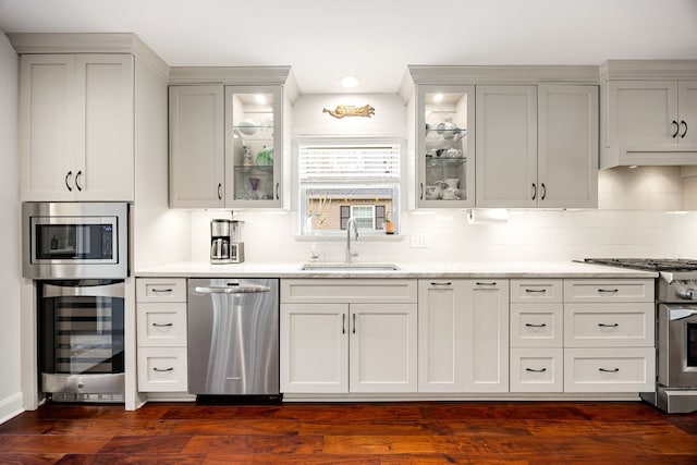 kitchen with wine cooler, dark wood-style flooring, stainless steel appliances, under cabinet range hood, and a sink