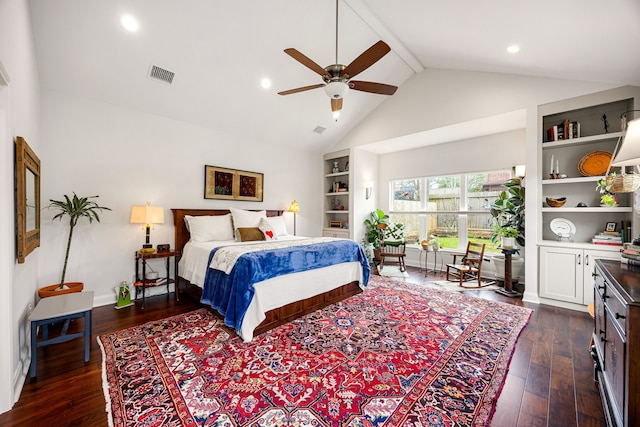 bedroom with lofted ceiling with beams, ceiling fan, dark wood-style flooring, and visible vents