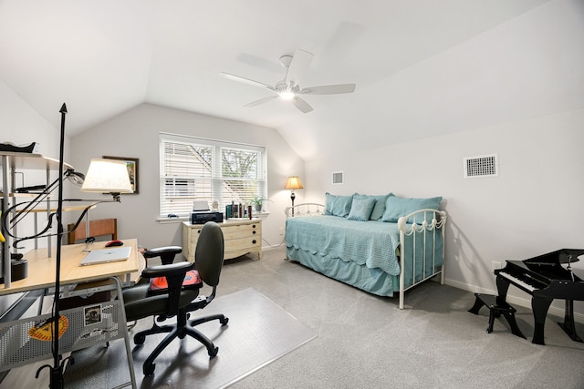 bedroom with baseboards, visible vents, a ceiling fan, light colored carpet, and lofted ceiling