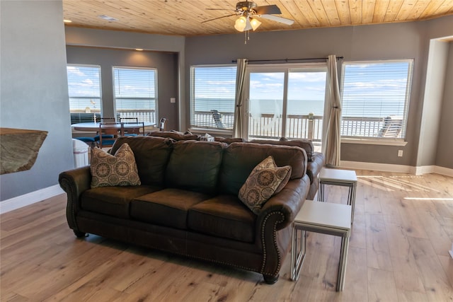 living area featuring wood ceiling, ceiling fan, baseboards, and hardwood / wood-style flooring