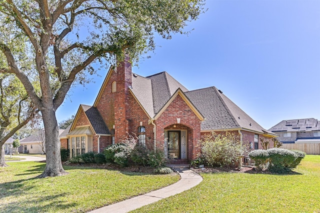 view of front of home featuring roof with shingles, brick siding, a chimney, and a front yard