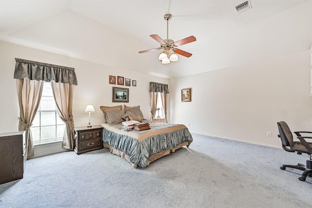 bedroom with a ceiling fan, baseboards, visible vents, and carpet flooring