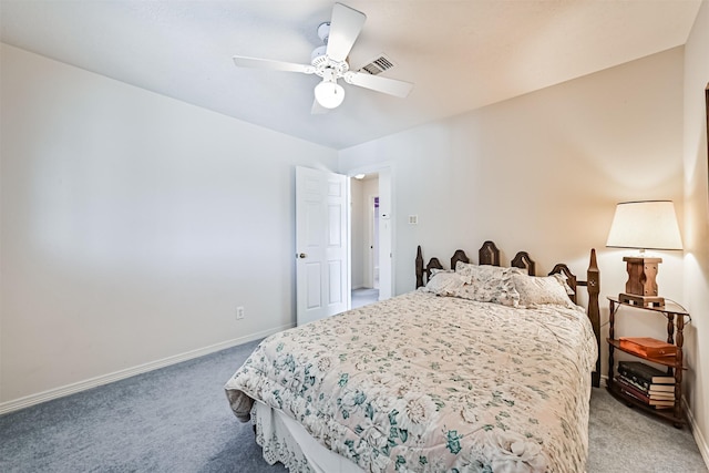 bedroom featuring a ceiling fan, light carpet, visible vents, and baseboards