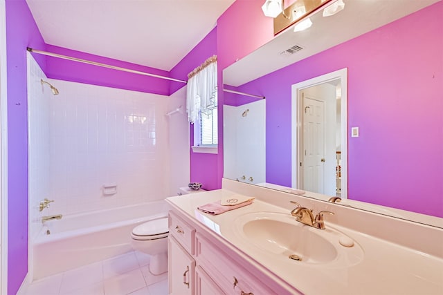 bathroom featuring visible vents, toilet, vanity,  shower combination, and tile patterned floors