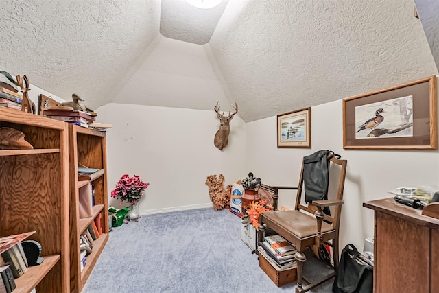 interior space featuring a textured ceiling, vaulted ceiling, carpet, and baseboards