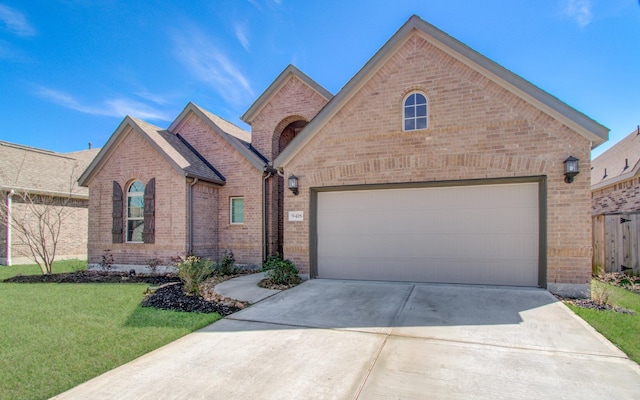 french country style house featuring a garage, concrete driveway, brick siding, and a front lawn