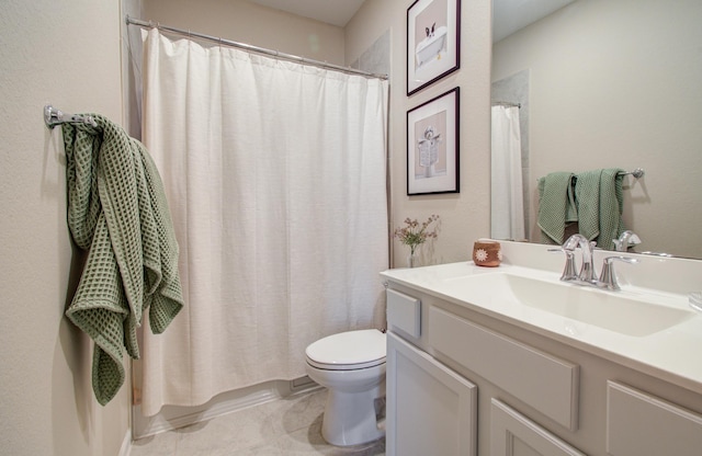 full bathroom with a shower with shower curtain, tile patterned flooring, vanity, and toilet