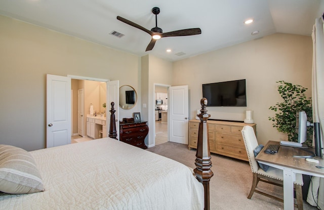 bedroom featuring light carpet, vaulted ceiling, visible vents, and recessed lighting