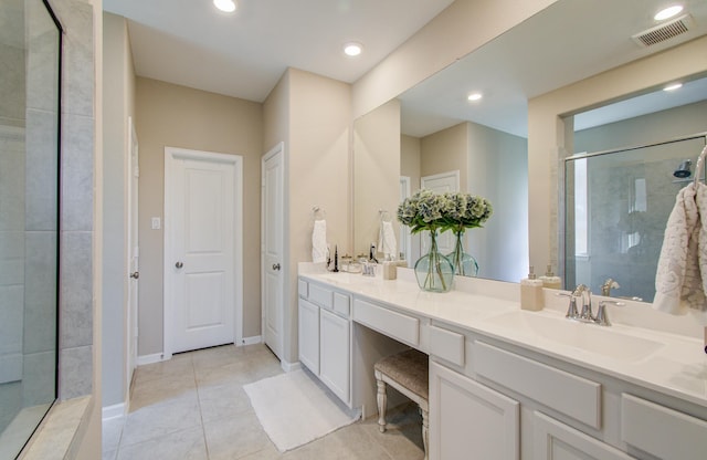 bathroom with tile patterned flooring, a sink, visible vents, a shower stall, and double vanity