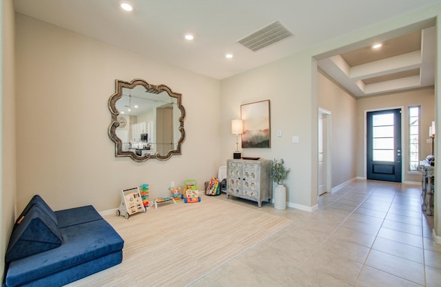 game room featuring recessed lighting, visible vents, baseboards, and light tile patterned flooring