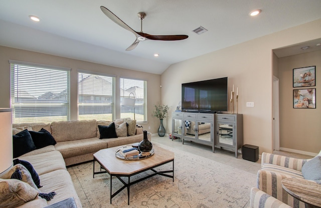 living room featuring lofted ceiling, light tile patterned flooring, visible vents, and recessed lighting