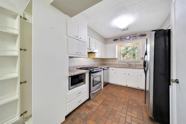 kitchen featuring brick floor, under cabinet range hood, a sink, white cabinetry, and appliances with stainless steel finishes