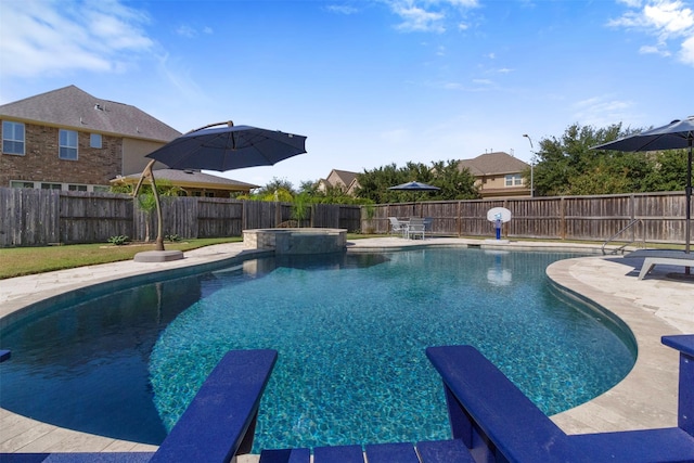 view of swimming pool featuring a fenced backyard, a diving board, and a patio