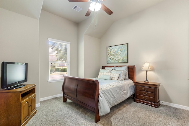 bedroom featuring light carpet, baseboards, visible vents, and a ceiling fan