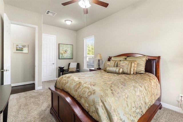 bedroom with a ceiling fan, carpet, visible vents, and baseboards