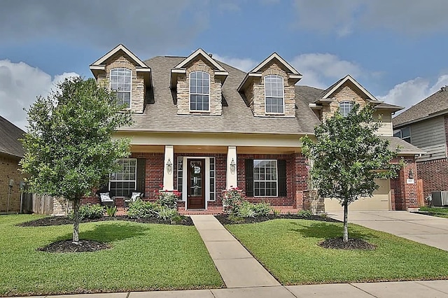 cape cod-style house with a porch, an attached garage, brick siding, concrete driveway, and a front lawn