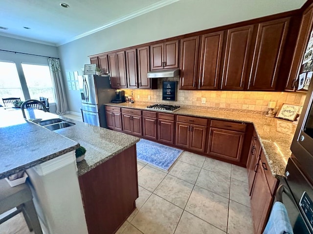 kitchen with crown molding, decorative backsplash, appliances with stainless steel finishes, a sink, and under cabinet range hood