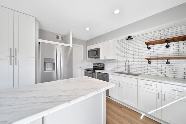 kitchen with visible vents, white cabinets, stainless steel appliances, open shelves, and a sink