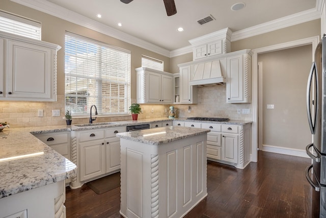 kitchen with dark wood finished floors, custom exhaust hood, stainless steel appliances, and a sink