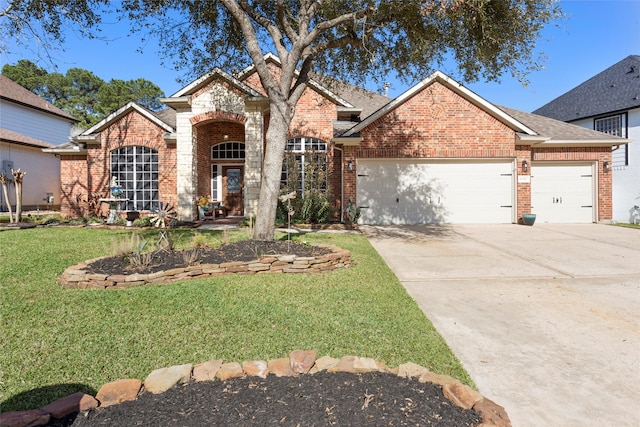 view of front of property with a front yard, brick siding, concrete driveway, and an attached garage