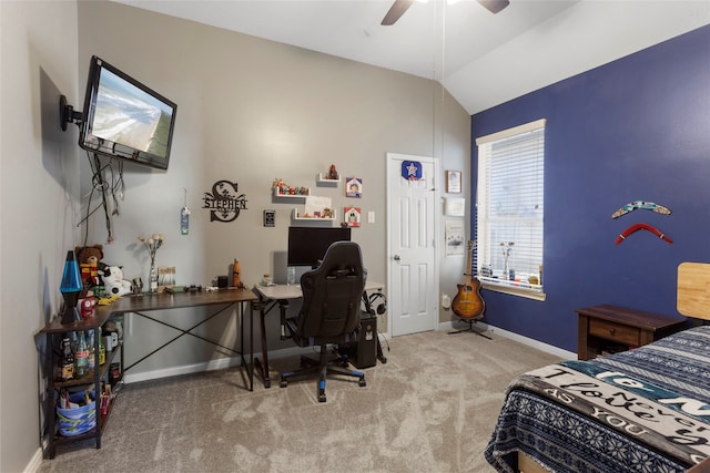 carpeted bedroom featuring vaulted ceiling, ceiling fan, and baseboards