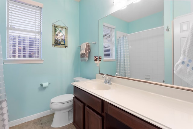 bathroom featuring toilet, tile patterned floors, vanity, baseboards, and a shower with curtain