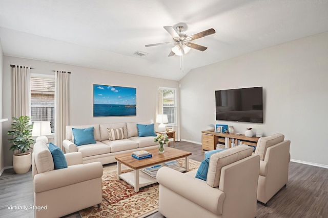 24134 Griffin House Ln, Katy, TX 77493 - living room featuring a ceiling fan, wood finished floors, and vaulted ceiling