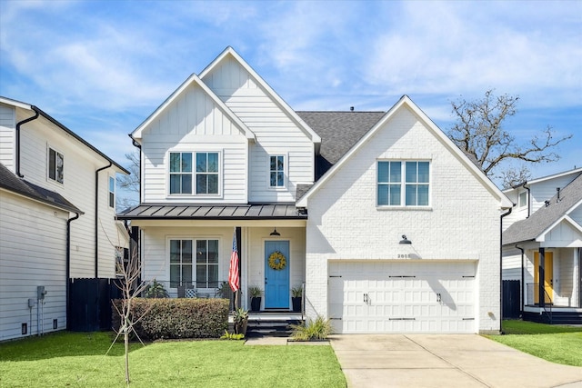 modern inspired farmhouse featuring a porch, brick siding, concrete driveway, board and batten siding, and a standing seam roof