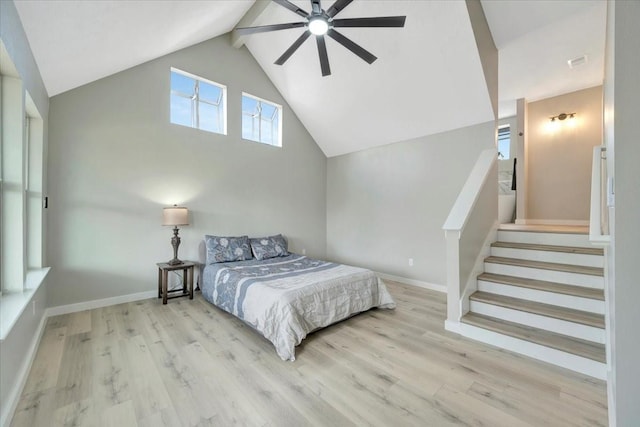 bedroom featuring beam ceiling, visible vents, baseboards, and wood finished floors