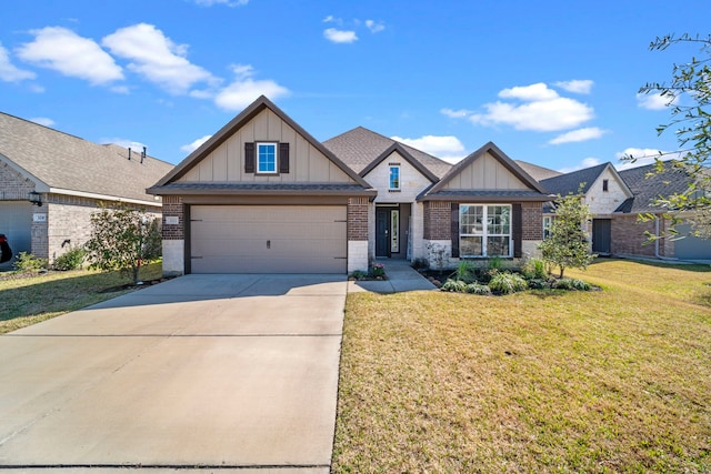 craftsman inspired home with driveway, brick siding, board and batten siding, and a front yard