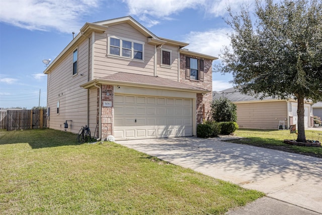 traditional-style house with driveway, a front lawn, an attached garage, and fence