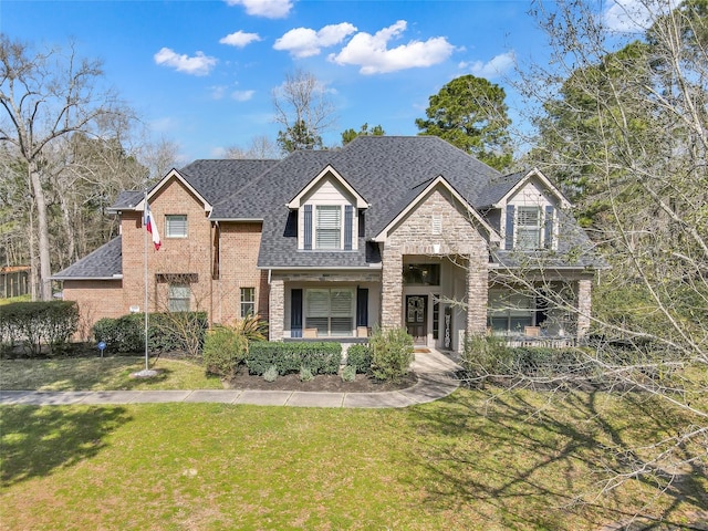 traditional-style house featuring brick siding, a shingled roof, stone siding, and a front yard