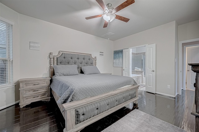 bedroom with visible vents, baseboards, connected bathroom, ceiling fan, and wood finished floors