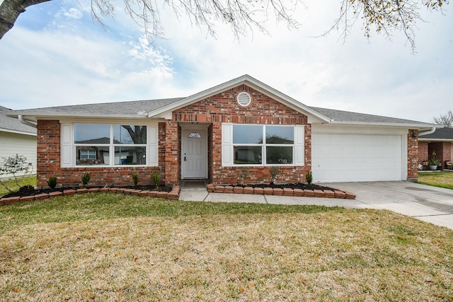 ranch-style house featuring concrete driveway, brick siding, an attached garage, and a front lawn