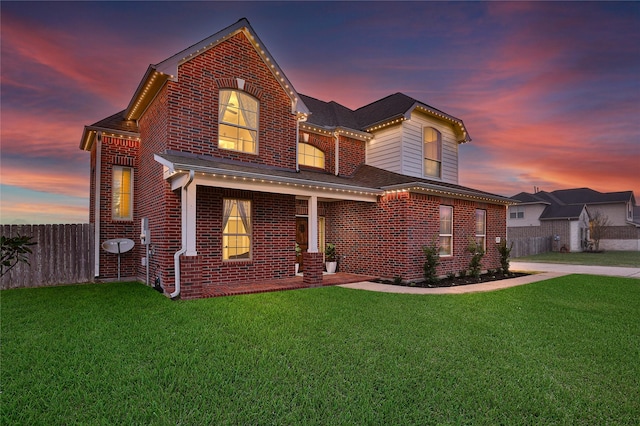 view of front facade featuring a yard, brick siding, and fence