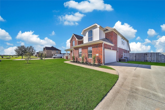 view of home's exterior featuring concrete driveway, fence, a yard, central AC, and brick siding