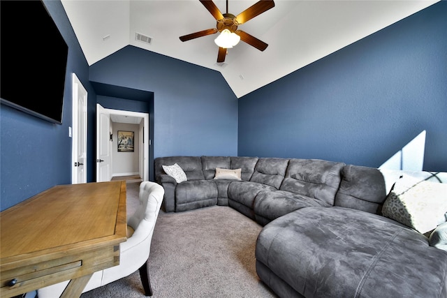 living area with ceiling fan, carpet flooring, lofted ceiling, and visible vents